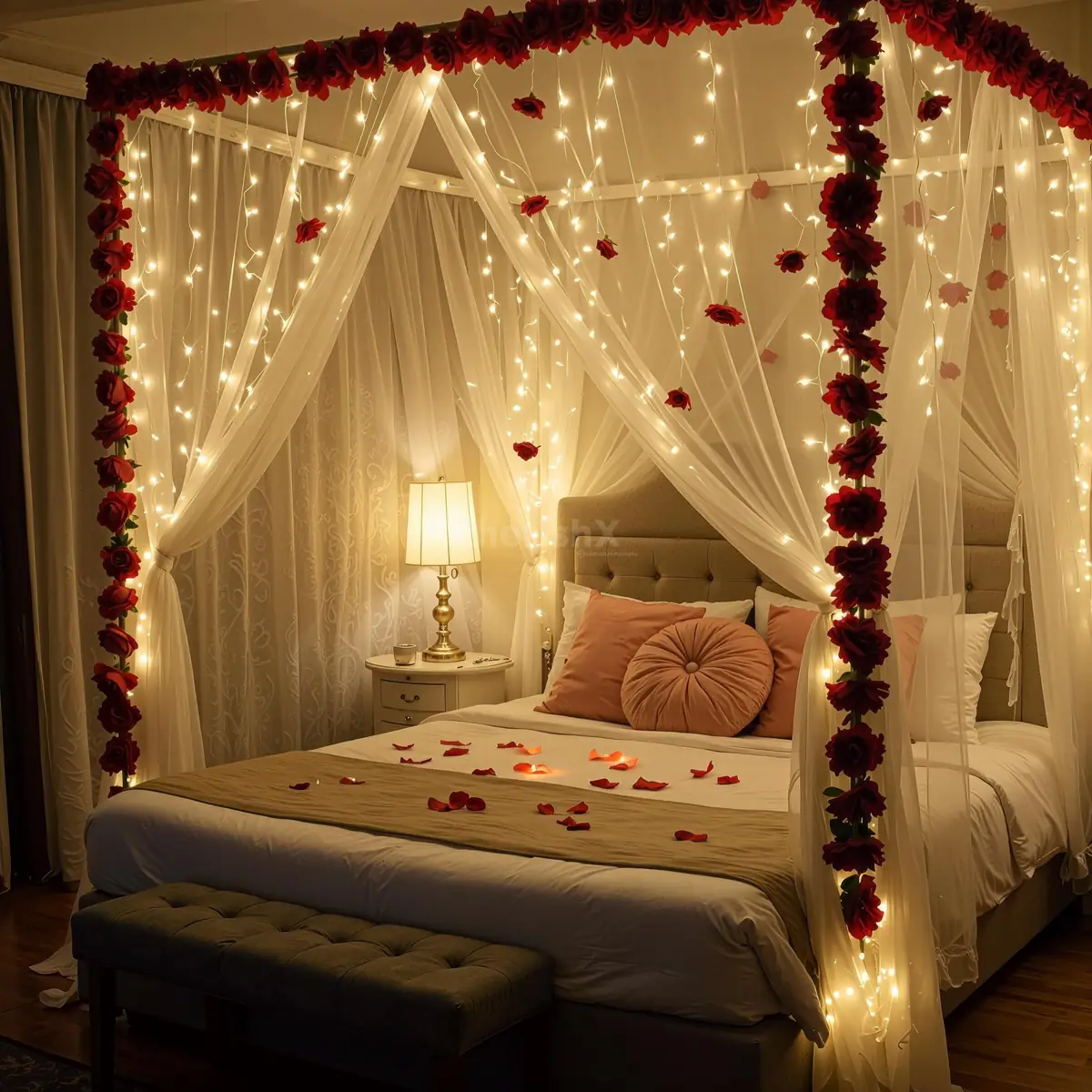 Canopy bed with white drapes, fairy lights and red flower garlands on the posts