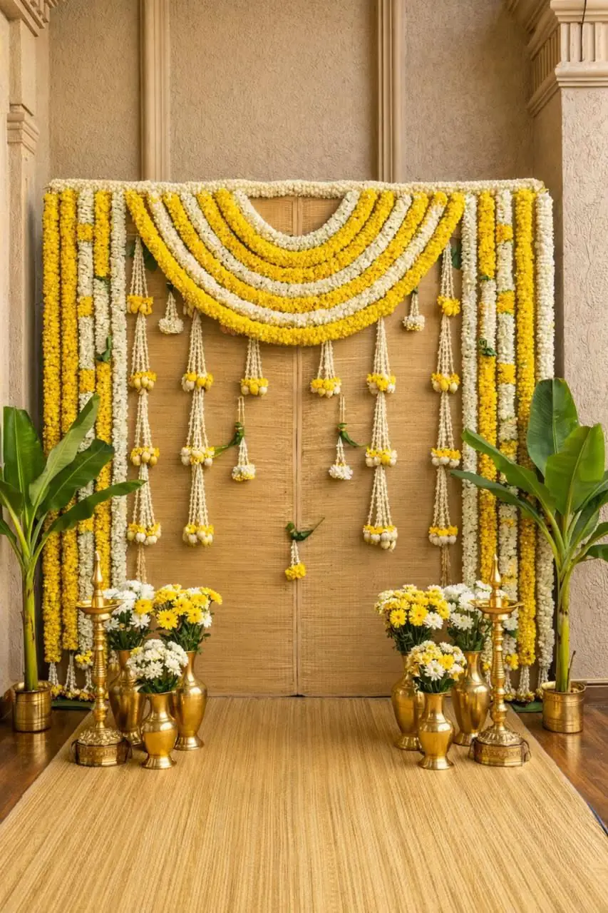 A marigold haldi corner with hanging genda strings and brass pots