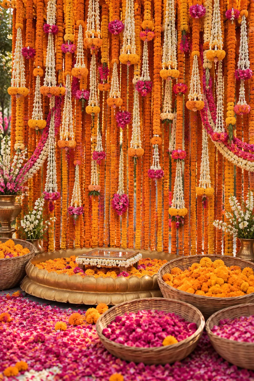 Hanging marigold and flower strings behind baskets of marigolds for a haldi setup