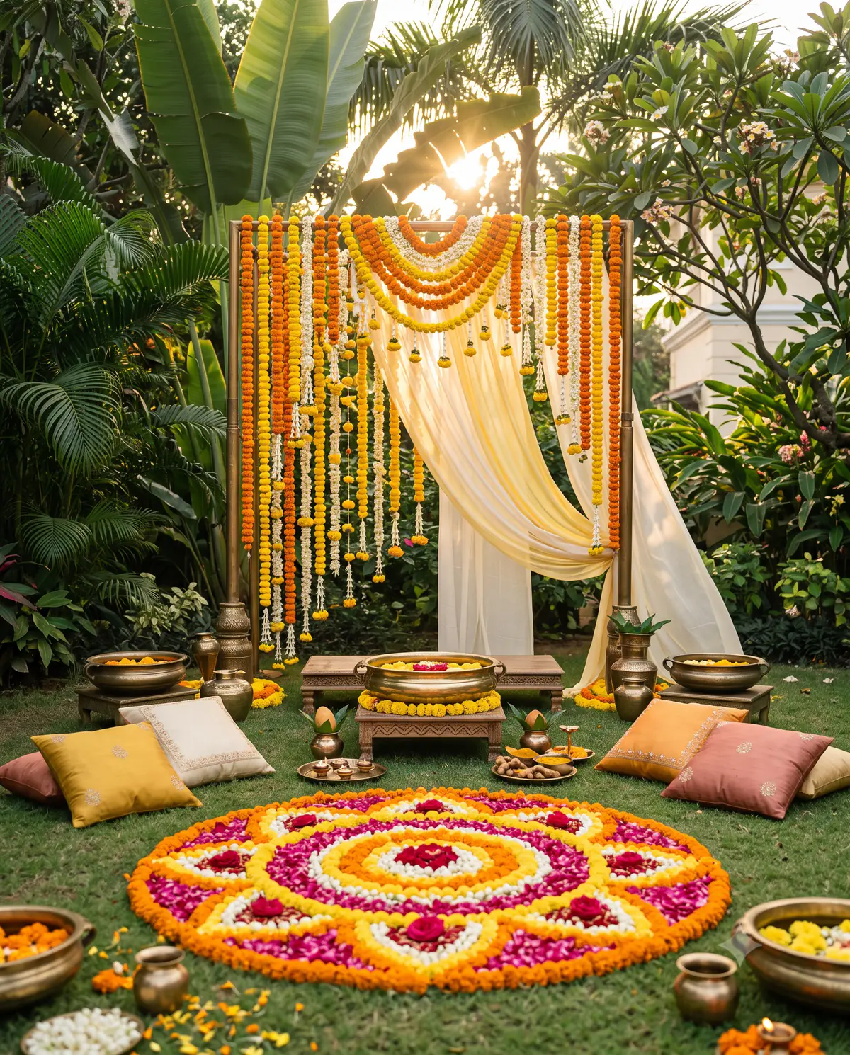 Haldi corner in a garden with yellow drapes, marigold strings and a flower rangoli