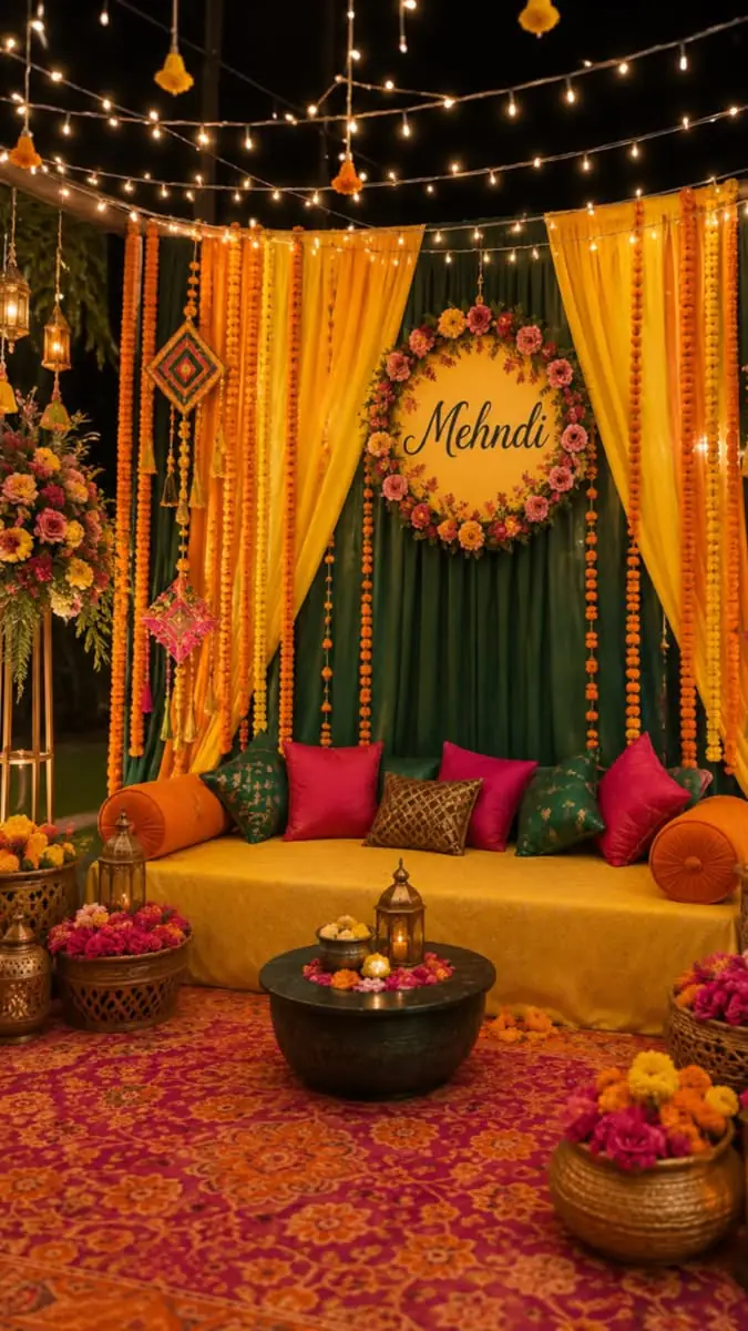 A mehndi seating corner with drapes, cushions and marigold strings