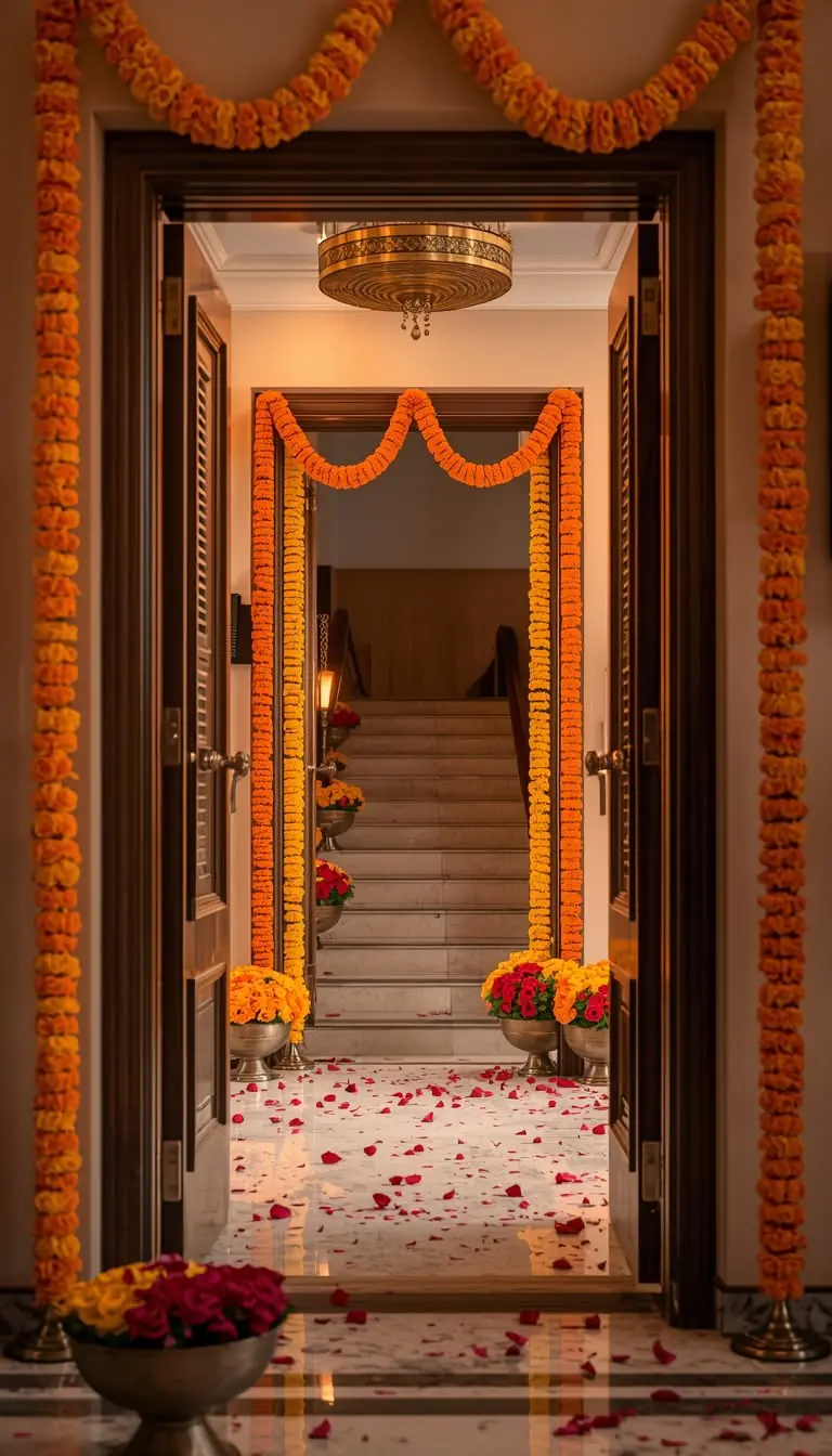 A doorway framed with marigold jhalar strings