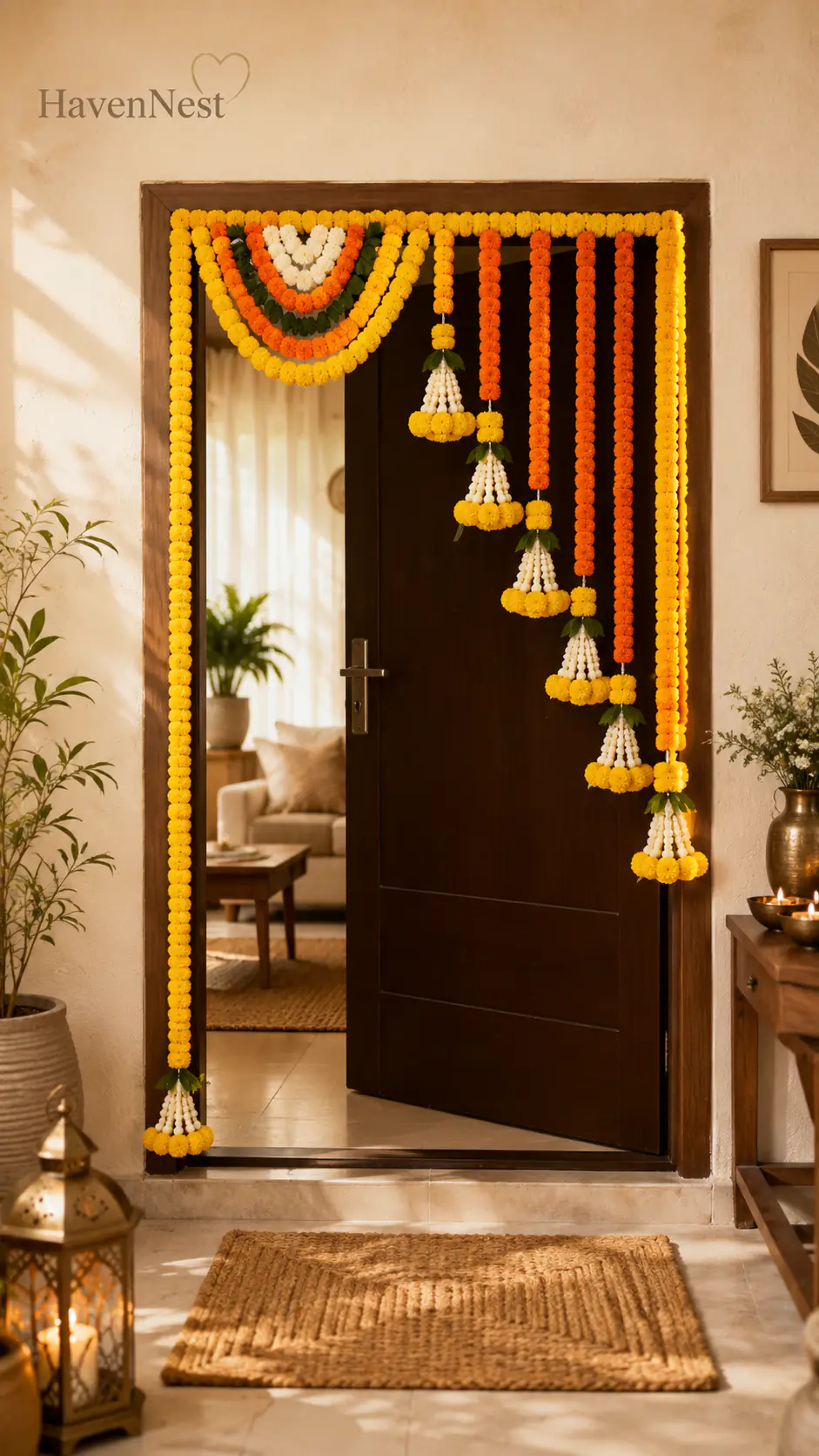Door framed with a marigold toran and hanging marigold strings