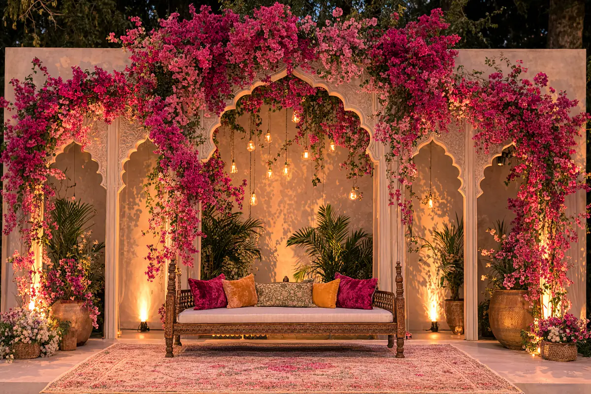 A small jaimala stage with a floral arch and a sofa