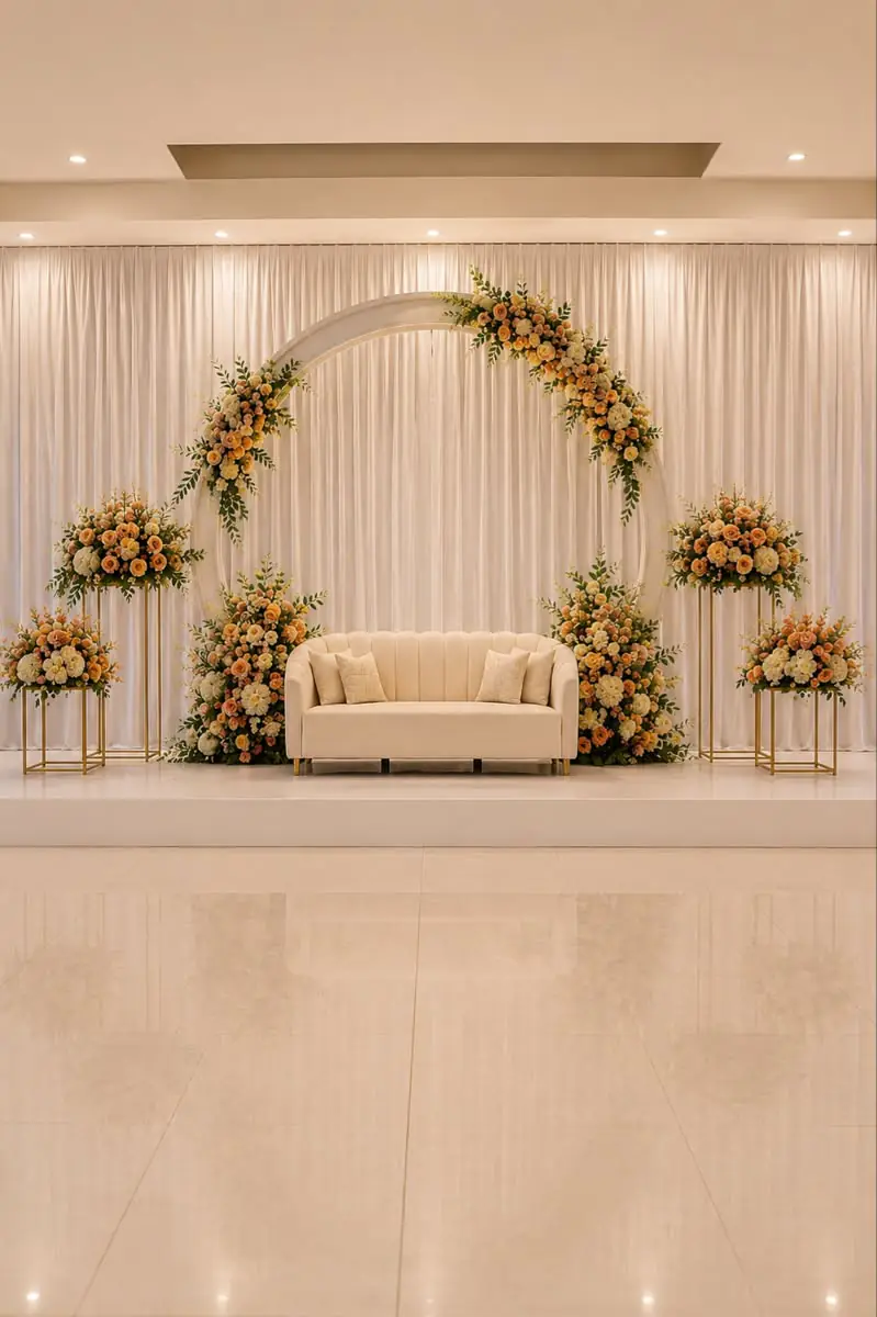 Small engagement stage with a cream arch, white and peach flowers and a sofa
