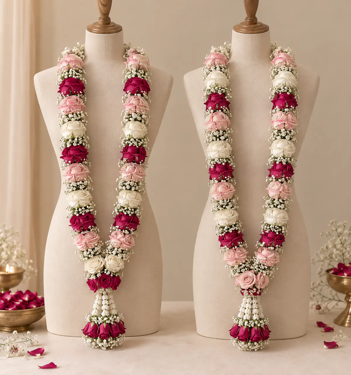 A pair of fresh rose varmalas on display stands