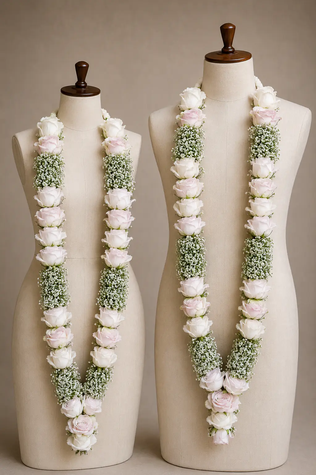 Pair of varmalas of white roses and baby breath flowers on stands